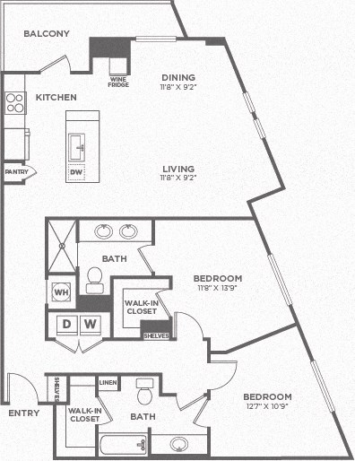 Floor plan for 2 beds, 2 baths, 1238 sqft